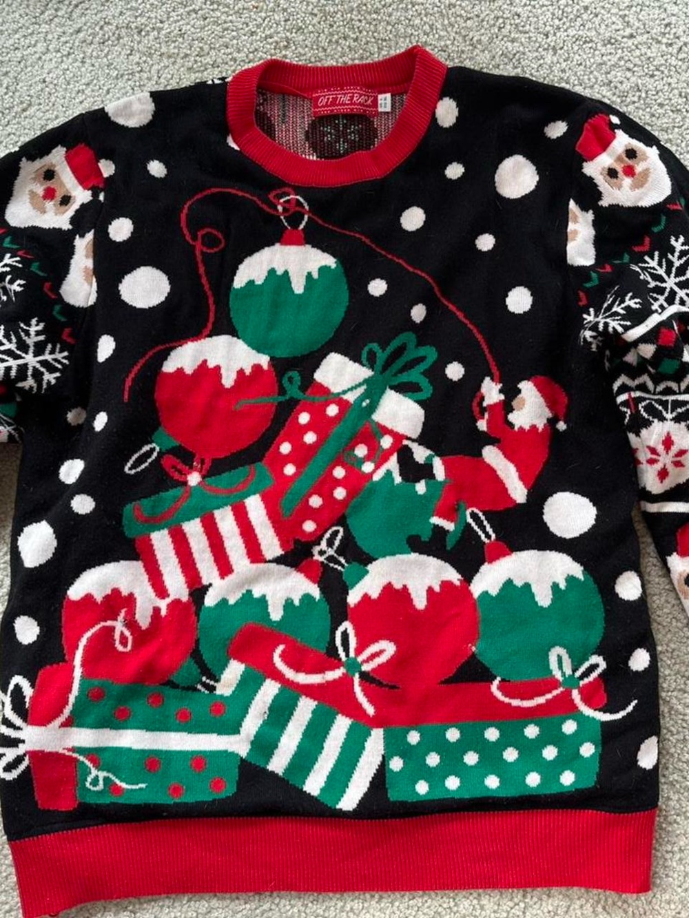 Festive Black Christmas Sweater with Red & Green Ornaments & functional lights